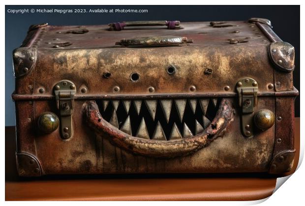 A evil old open suitcase with eyes and sharp teeth created with  Print by Michael Piepgras