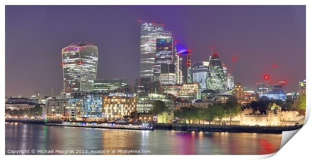 View of the London skyline at night with river thamse and lots of light Print by Michael Piepgras