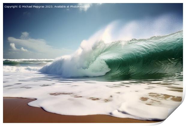 A giant tsunami wave arriving at a tropical beach created with g Print by Michael Piepgras