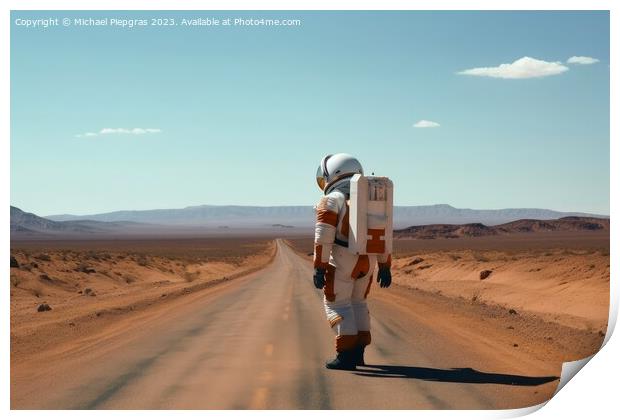 A hitchhiking astronaut on a lonely road created with generative Print by Michael Piepgras