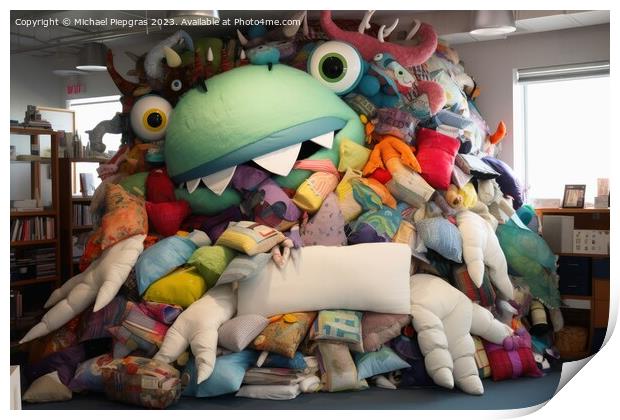 A monster made of pillows created with generative AI technology. Print by Michael Piepgras