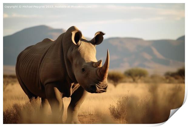 A rhino in the african savannah created with generative AI techn Print by Michael Piepgras