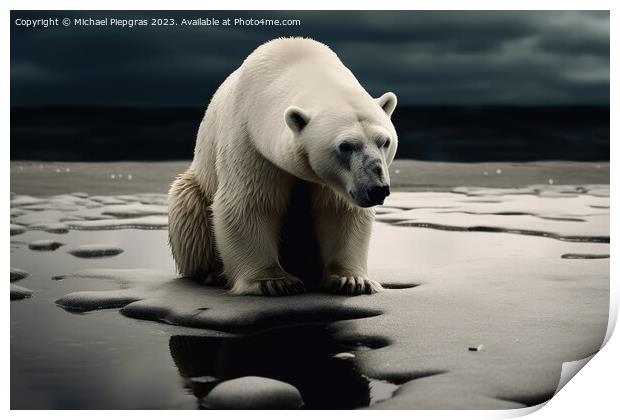 A sad polar bear on a small ice floe created with generative AI  Print by Michael Piepgras