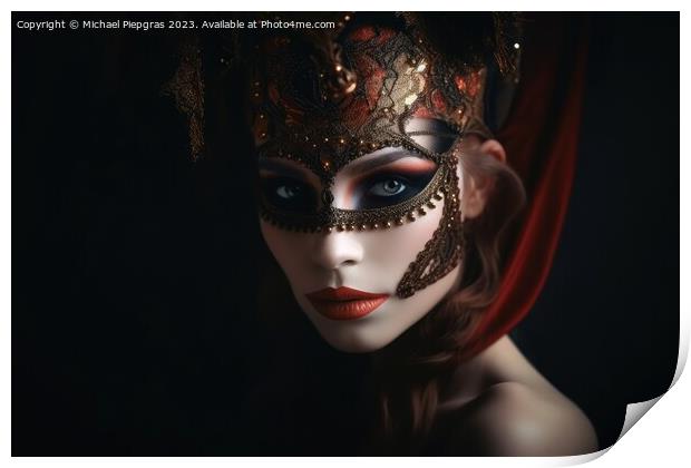 A beautiful woman in an elegant dress with a Venetian carnival m Print by Michael Piepgras