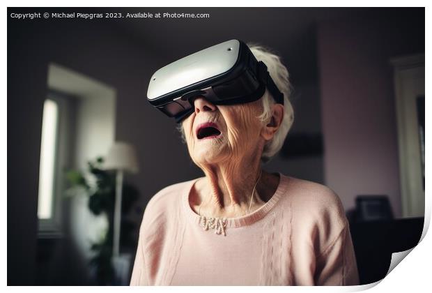 An old woman looking stunned while exploring virtual reality cre Print by Michael Piepgras