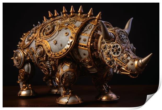 A steampunk rhino with lots of screws and cogwheels created with Print by Michael Piepgras