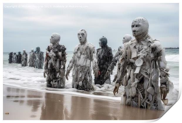 A swarm of evil plastic waste figures conquers the beach from th Print by Michael Piepgras
