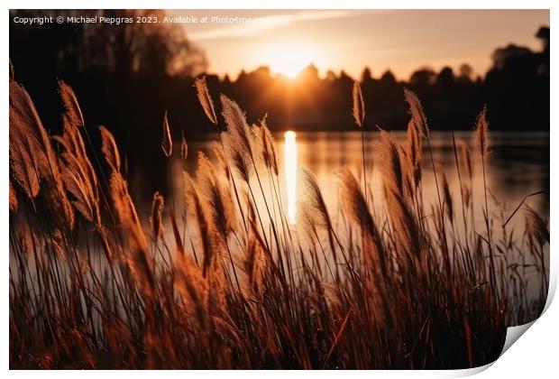 Beautiful reed grass by a lake at sunset created with generative Print by Michael Piepgras
