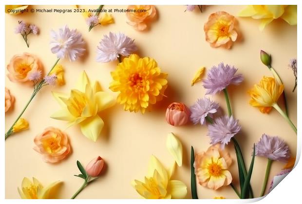 Fresh spring flowers on a pastel yellow background created with  Print by Michael Piepgras