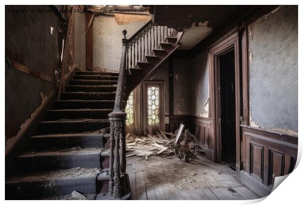 Inside an abandoned haunted house created with generative AI tec Print by Michael Piepgras