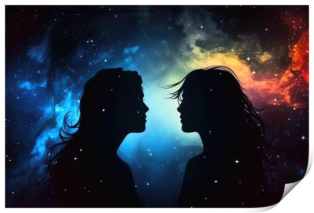 Man and woman astral silhouettes concept at cosmic background cr Print by Michael Piepgras