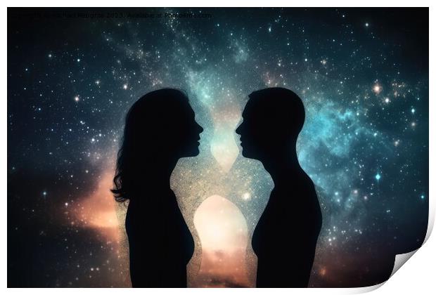 Man and woman astral silhouettes concept at cosmic background cr Print by Michael Piepgras