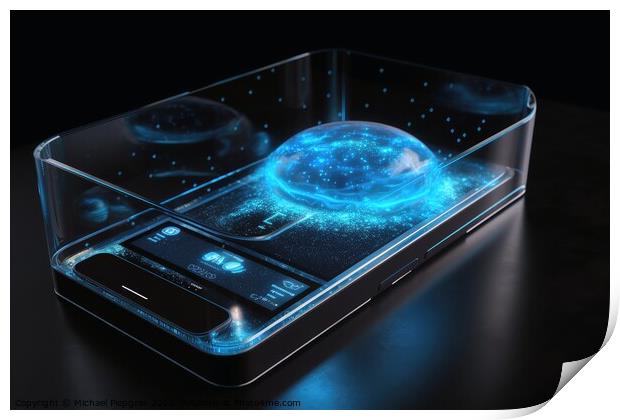 Smartphone with a holographic display created with generative AI Print by Michael Piepgras
