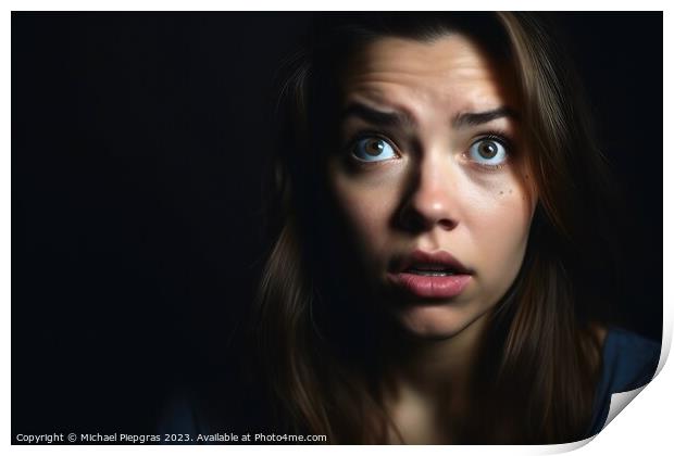 Portrait of a stunned woman in studio light created with generat Print by Michael Piepgras