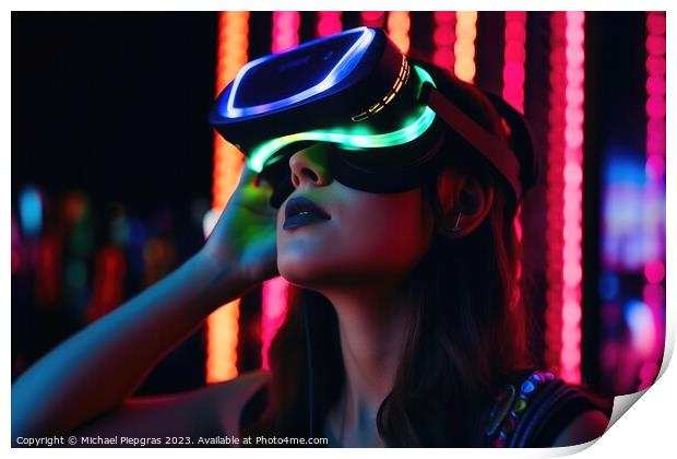 Woman exploring virtual reality in a close up neon colors create Print by Michael Piepgras