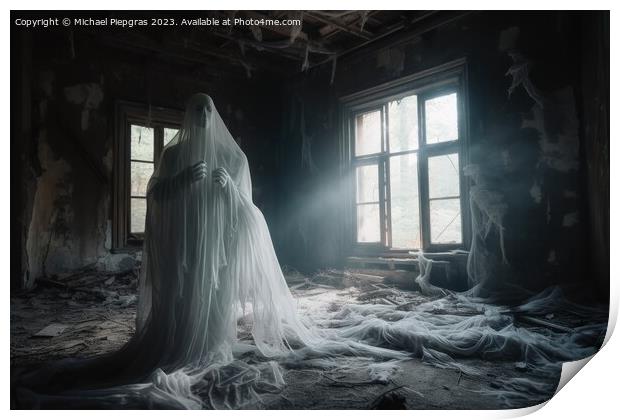 A ghostly apparition in an old run-down house created with gener Print by Michael Piepgras