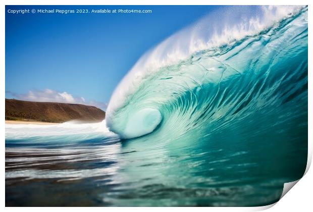 A giant tsunami wave arriving at a tropical beach created with g Print by Michael Piepgras
