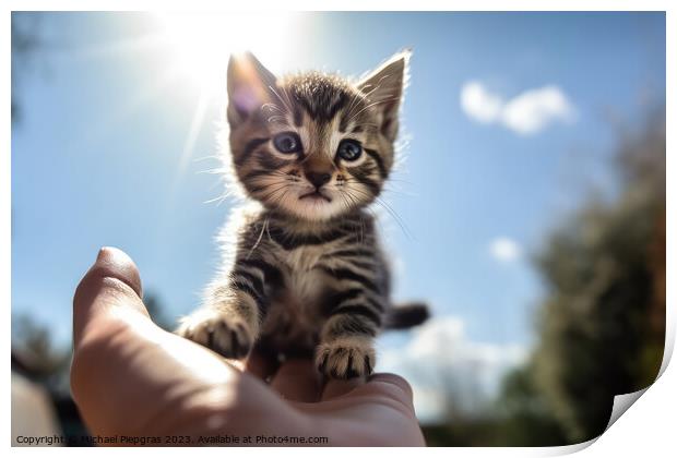 A human hand holds a small kitten in the air sunlight from the f Print by Michael Piepgras