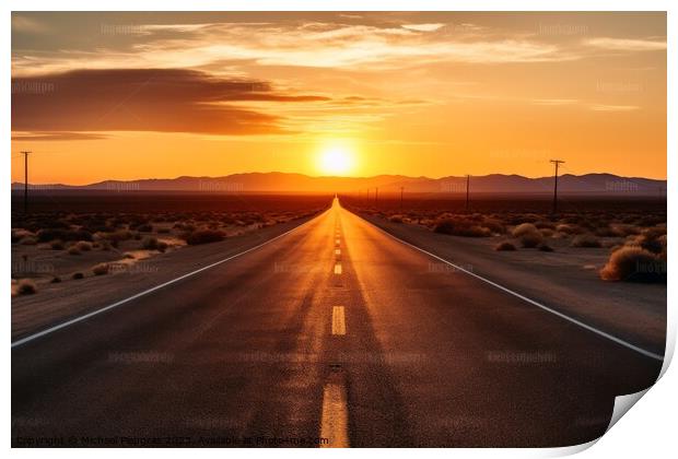 A lonely straight road in the American landscape at sunset creat Print by Michael Piepgras