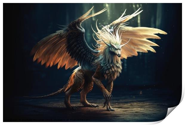 A mythical creature with wings created with generative AI techno Print by Michael Piepgras