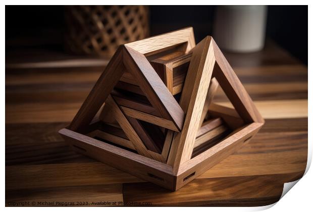 An impossible geometric puzzle made of wood create by generative Print by Michael Piepgras