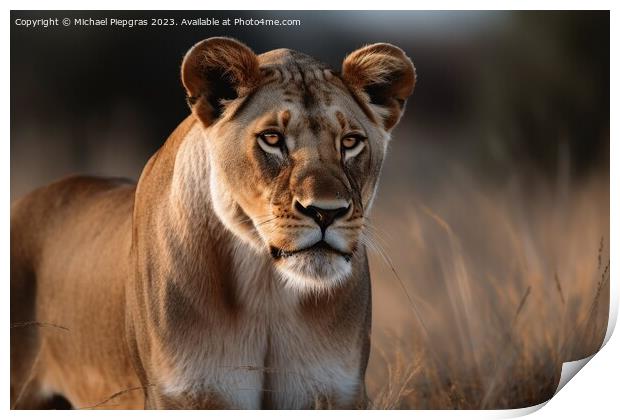 A beautiful lioness portrait created with generative AI technolo Print by Michael Piepgras