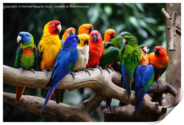 Many colourful different tropical birds sitting together on a br Print by Michael Piepgras