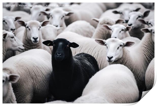 One black sheep in a herd of white sheep. Print by Michael Piepgras
