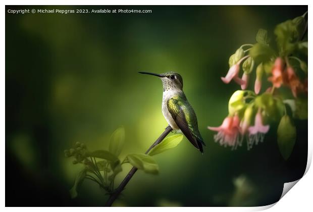 Portrait of a Green Hummingbird on a Flower created with generat Print by Michael Piepgras