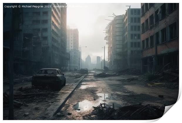 Post apocalyptic and destroyed buildings in a big city created w Print by Michael Piepgras