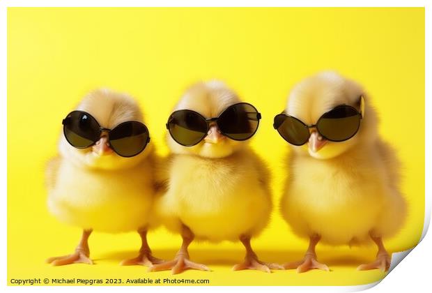 Three yellow chicks with sunglasses created with generative AI t Print by Michael Piepgras