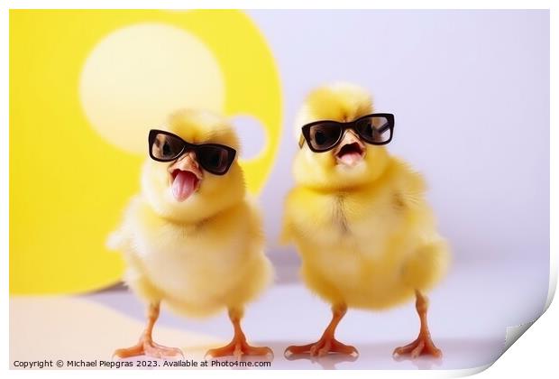 Two yellow chicks with sunglasses singing a song created with ge Print by Michael Piepgras
