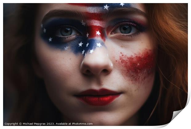 Independence day celebration close up of woman face painted with Print by Michael Piepgras