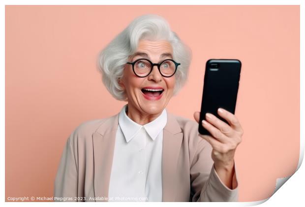 A happy retired old woman holding a smartphone in her hands crea Print by Michael Piepgras