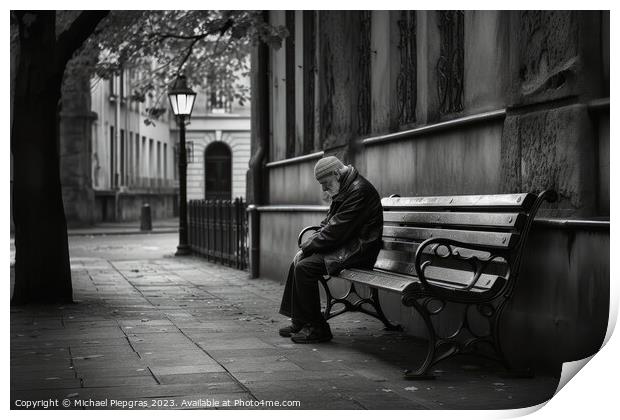 A lonely and sad person sitting on a bench created with generati Print by Michael Piepgras