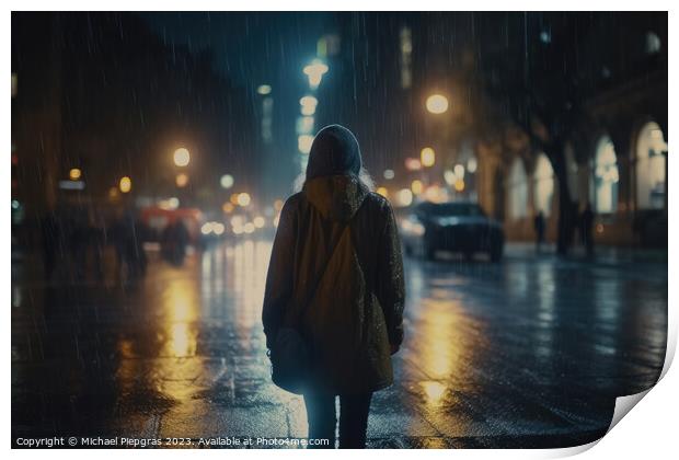 A lonely woman runs around at night in a modern city while it is Print by Michael Piepgras
