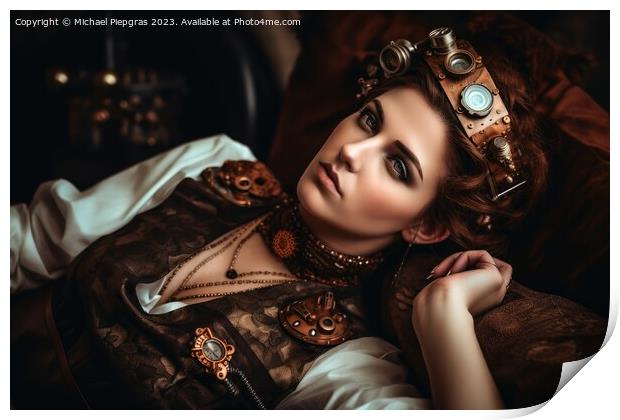 An attractive female steampunk woman cyborg laying on a bed crea Print by Michael Piepgras