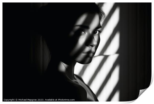 A Woman in light and shadow in black and white created with gene Print by Michael Piepgras