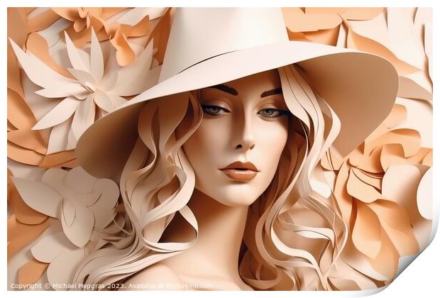 Portrait of a beautiful woman in paper style created with genera Print by Michael Piepgras
