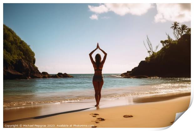 A young woman does yoga in the sun at a tropical beach created w Print by Michael Piepgras