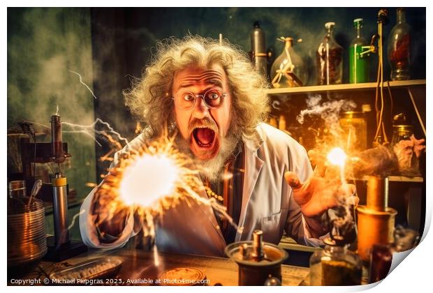 A crazy physicist at work in his laboratory created with generat Print by Michael Piepgras
