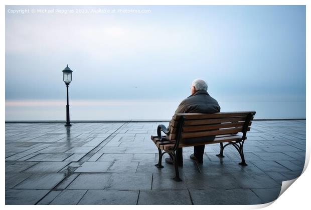 A lonely retired man on a bench created with generative AI techn Print by Michael Piepgras