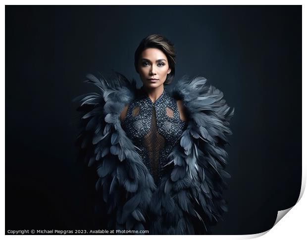 A woman wearing an elegant dress made of feathers created with g Print by Michael Piepgras