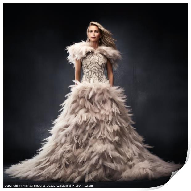 A woman wearing an elegant dress made of feathers created with g Print by Michael Piepgras