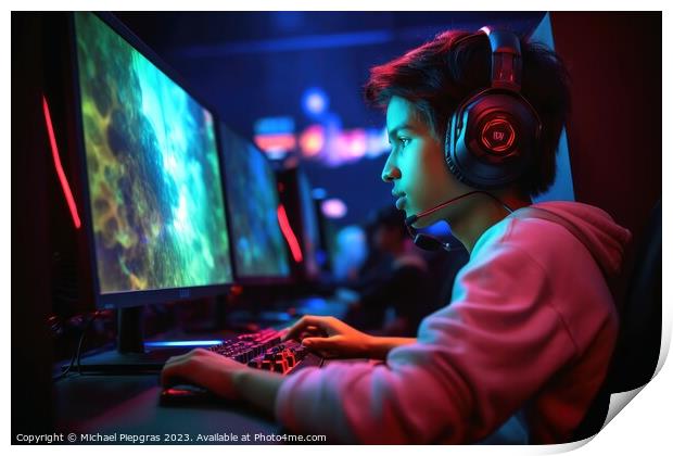A young person sits at a gaming PC and plays a game created with Print by Michael Piepgras