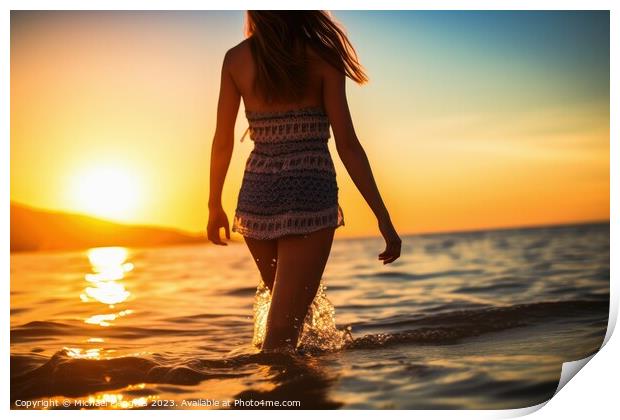 An attractive Woman at a beach during sunset created with genera Print by Michael Piepgras