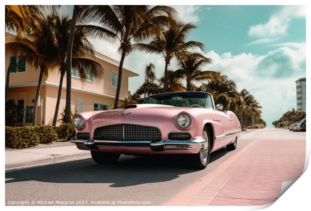A pink caddilac on a road with palm trees at florida beach creat Print by Michael Piepgras