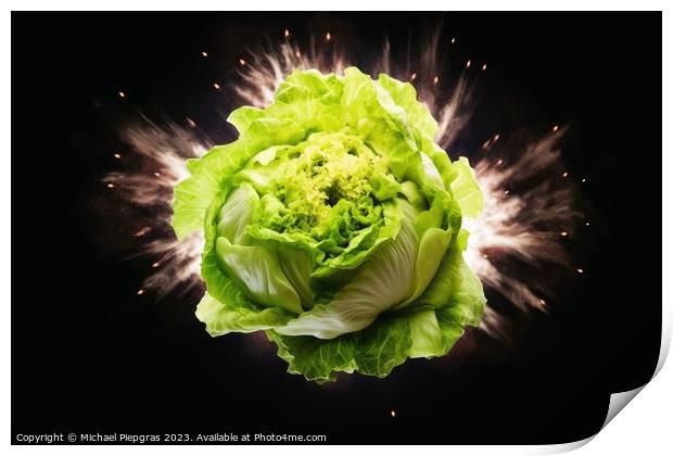 An exploding head of lettuce against a dark background created w Print by Michael Piepgras