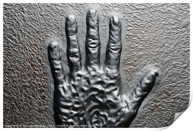 Metal surface background with the relief imprint of a human hand Print by Michael Piepgras