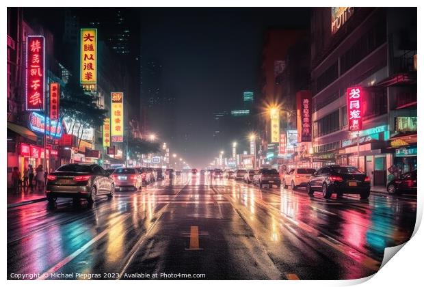 Nightlife in the big city created with generative AI technology. Print by Michael Piepgras